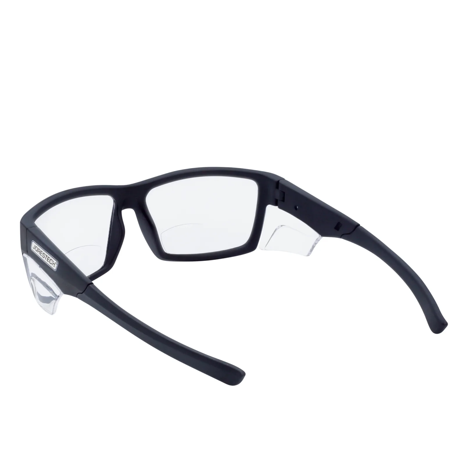 Vista diagonal de unas gafas de lectura de seguridad bifocales JORESTECH con protectores laterales para protección contra impactos fuertes. Estas gafas de seguridad tienen montura negra y lentes transparentes de policarbonato.