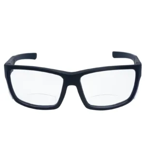 Vista frontal de unas gafas de lectura de seguridad bifocales JORESTECH con protectores laterales para protección contra alto impacto. Estas gafas de seguridad tienen armazón negro y lentes transparentes de policarbonato sobre fondo blanco