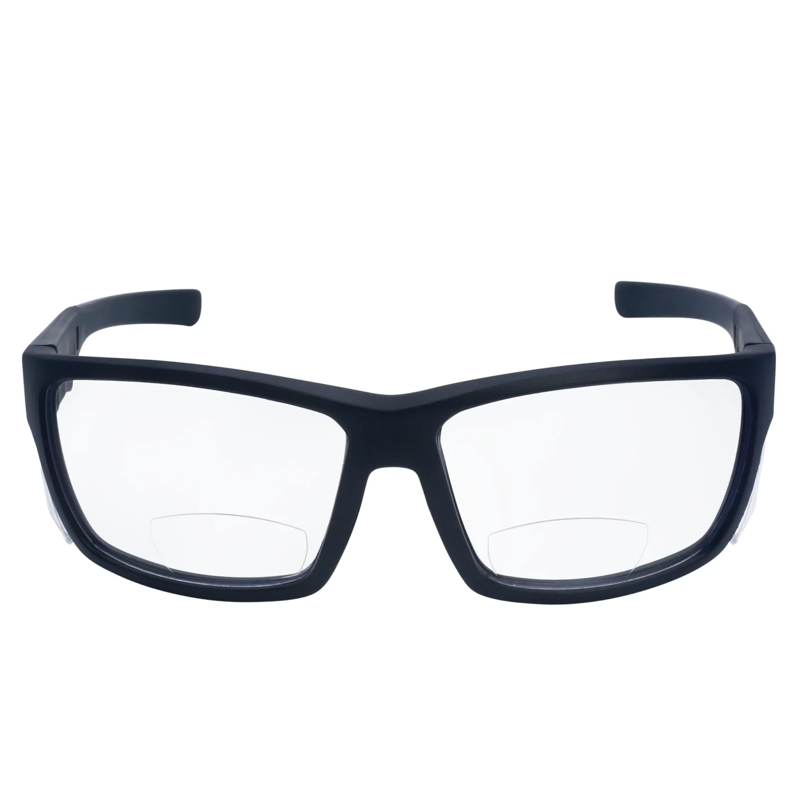 Vista frontal de unas gafas de lectura de seguridad bifocales JORESTECH con protectores laterales para protección contra alto impacto. Estas gafas de seguridad tienen armazón negro y lentes transparentes de policarbonato sobre fondo blanco