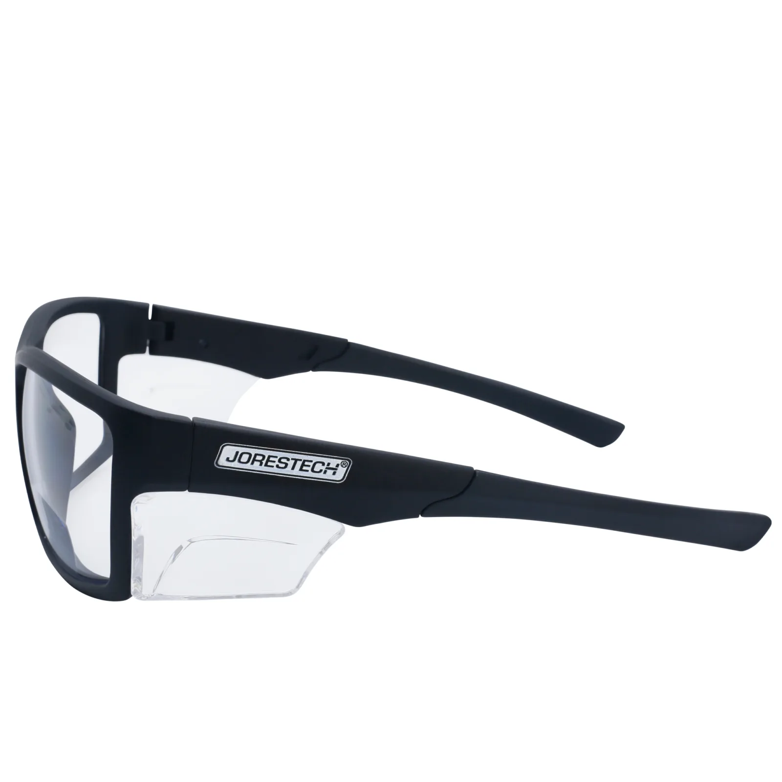 Muestra la vista lateral de unas gafas de lectura de seguridad bifocales JORESTECH, conformes con ANSI, con protección lateral para protección contra impactos altos. Estas gafas de seguridad tienen montura negra y lentes transparentes de policarbonato.