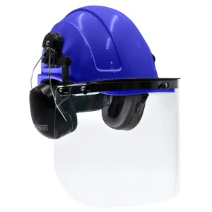 Kit de casco rígido tipo gorra azul con orejeras montables y pantalla facial de alta transparencia