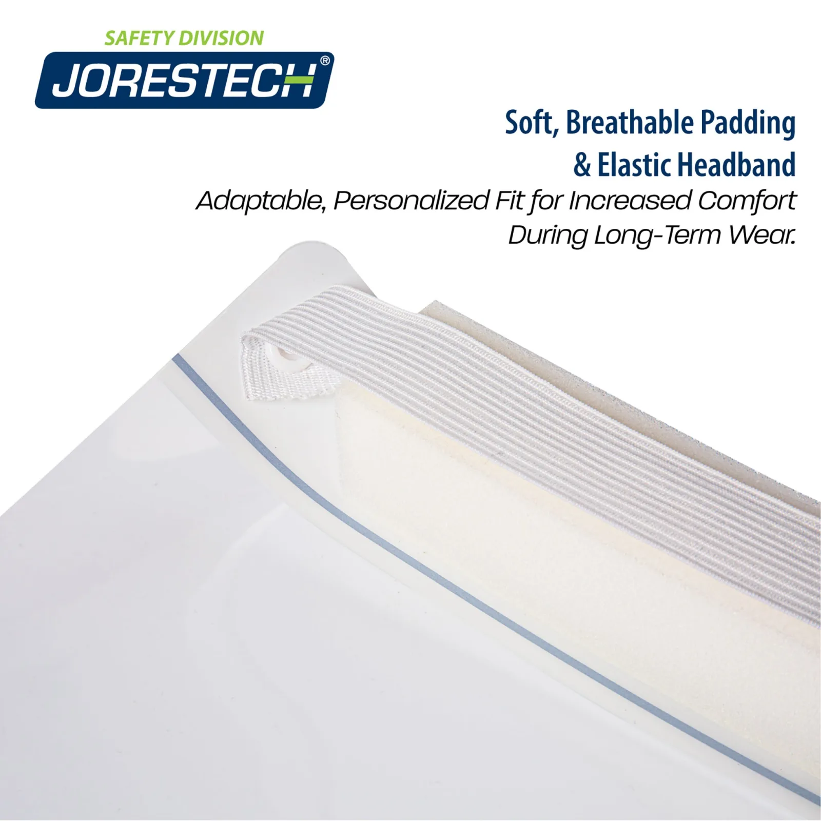 Primer plano de la espuma y las partes elásticas en la pantalla facial JORESTECH. Banner con letras azules que dice: Acolchado suave y transpirable y banda elástica para la cabeza. Ajuste adaptable y personalizado para mayor comodidad durante el uso prolongado.