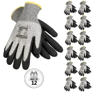 Paquete de 12 guantes de trabajo resistentes a cortes con palmas recubiertas de nitrilo arenado