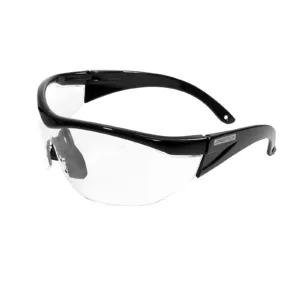 Vista diagonal de unas gafas de seguridad transparentes JORESTECH de diseño moderno con montura y protectores laterales para protección contra impactos altos. Hay una marca grabada en el lente de policarbonato que dice Z87+, que es la norma ANSI