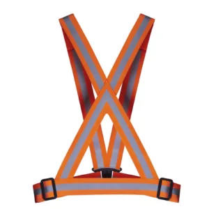 Vista trasera de los tirantes de seguridad ajustables de alta visibilidad en color naranja con bandas reflectantes en todo el contorno.