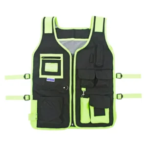Chaleco porta herramientas JORESTECH® negro y lima de alta visibilidad, ajustable en talla, con tiras reflectantes y numerosos bolsillos.