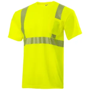 Camiseta de seguridad con bolsillo, reflectante por transferencia de calor, en color verde lima/amarillo de alta visibilidad, con tejido de poliéster birds eye transpirable