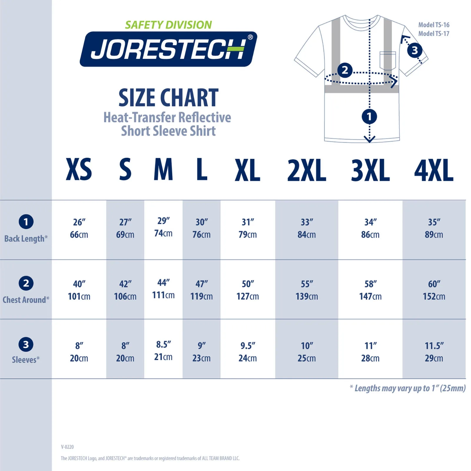 Tabla de tallas para la camisa de seguridad con bolsillo JORESTECH Hi Vis de transferencia térmica y reflectante ANSI clase 2 tipo R