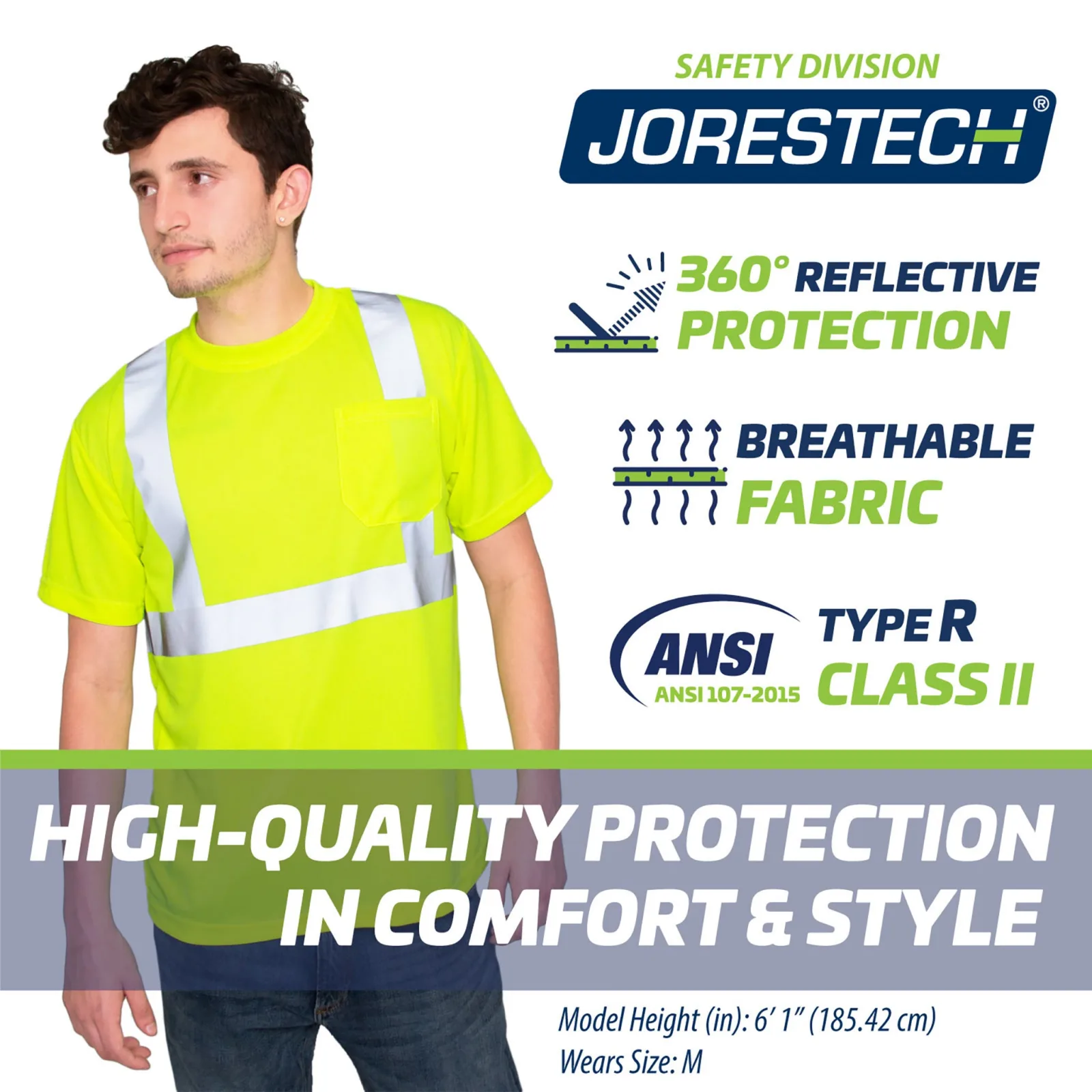 Un trabajador que lleva la camiseta de seguridad Jorestech totalmente amarilla. Íconos con texto que dicen: 360 grados de protección reflectante. Tejido transpirable. Tipo R clase II. Protección de alta calidad con comodidad y estilo.