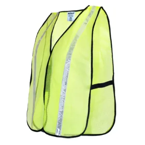 Presenta un chaleco de seguridad de malla amarillo lima de alta visibilidad talla única que se adapta a la mayoría, con franja reflectante de 1 pulgada y correas elásticas laterales