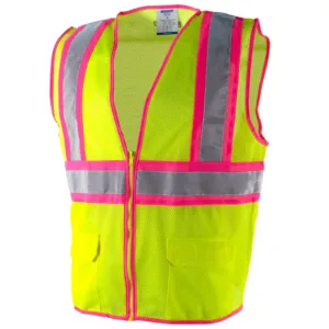 Chaleco de seguridad de malla de alta visibilidad bicolor con tiras contrastantes rosas y bandas reflectantes