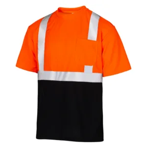 Camiseta de seguridad naranja y negra con franjas reflectantes y un bolsillo en el pecho