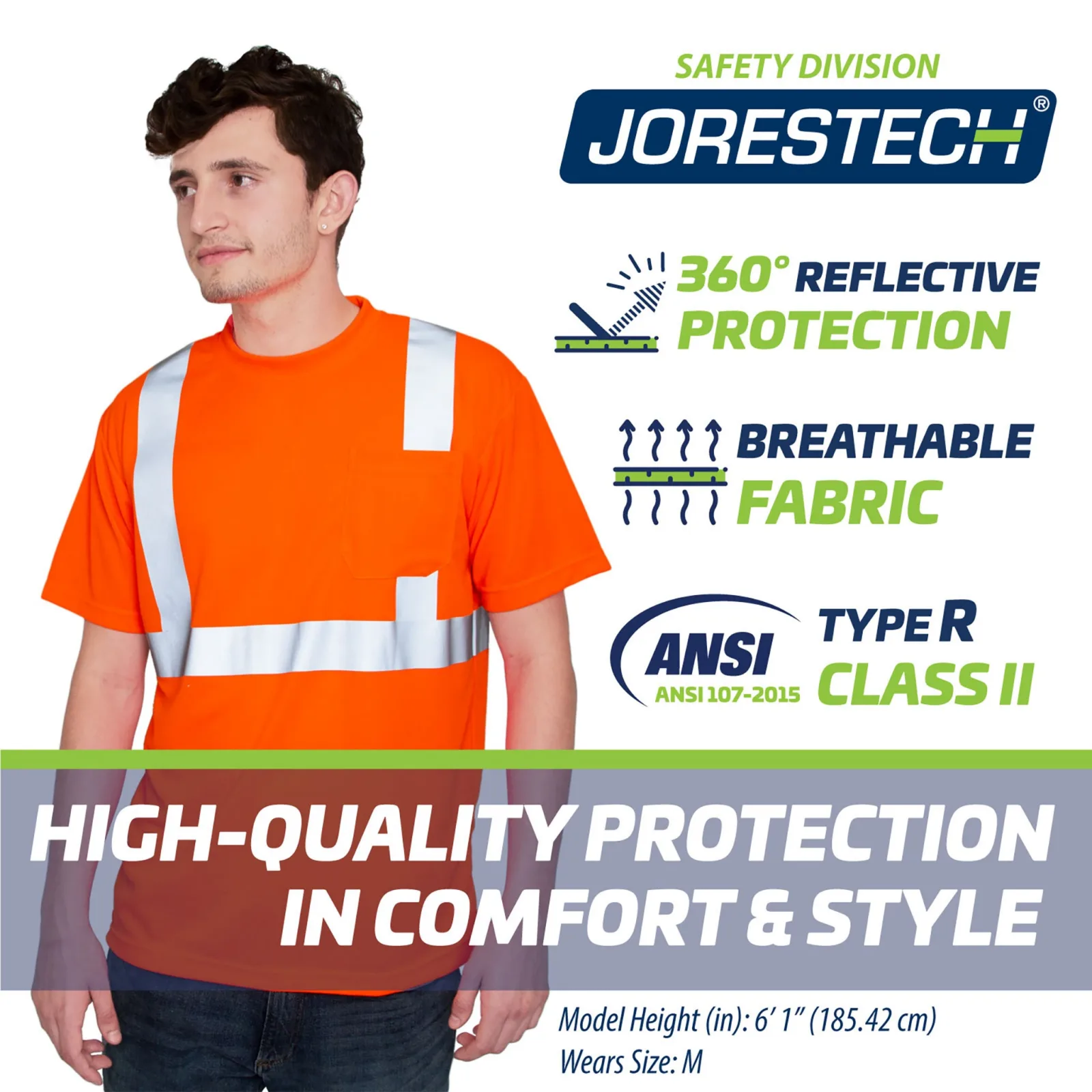 Una persona que lleva la camiseta de seguridad JORESTECH naranja de alta visibilidad, reflectante, con bolsillo, y iconos azules y verdes que mencionan protección reflectante de 360 grados, tejido transpirable, ANSI Type R Class 2 y protección de alta calidad con comodidad y estilo