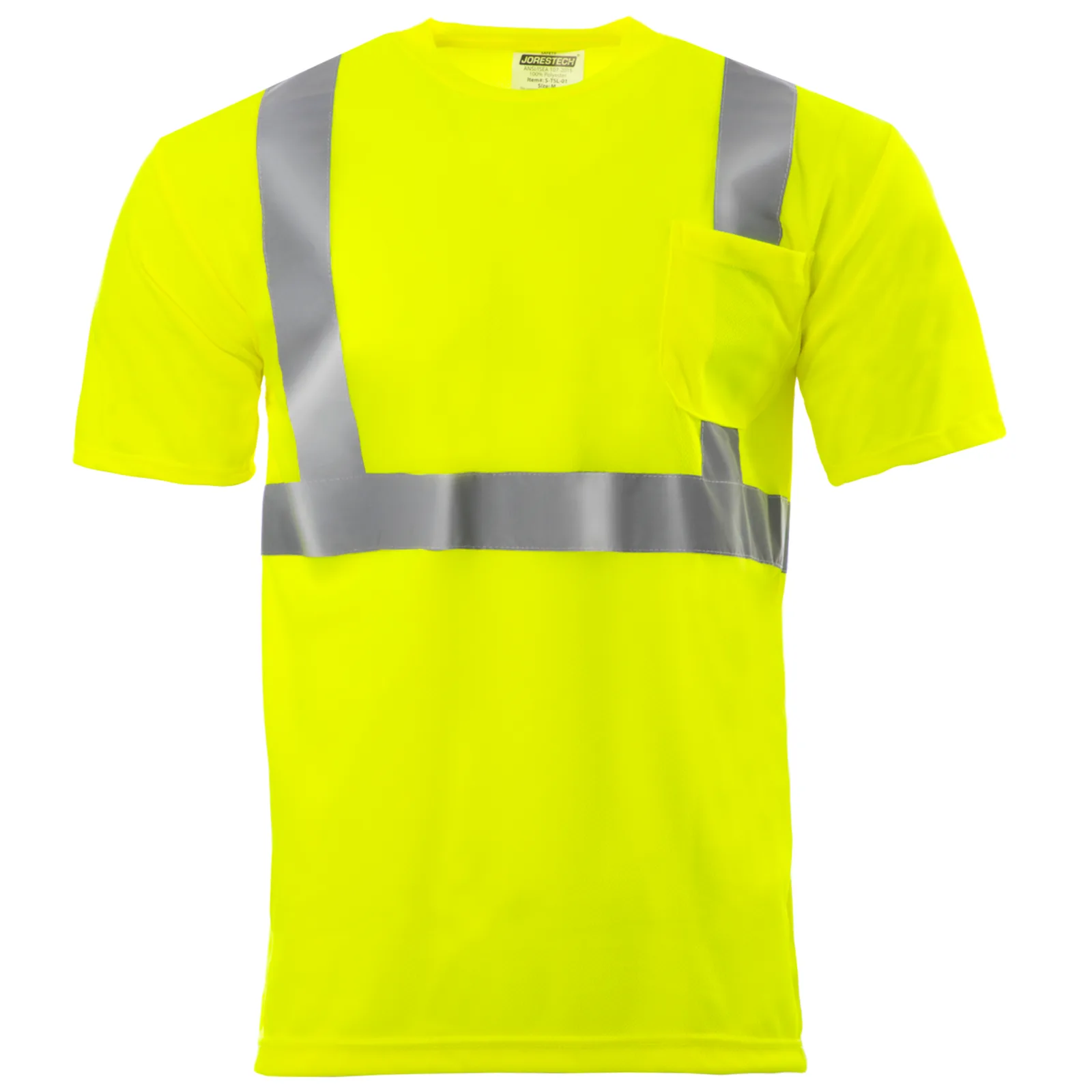 Vista frontal de la camiseta de manga corta JORESTECH de alta visibilidad, reflectante y con bolsillo, en color amarillo/lima, con tejido transpirable birds eye