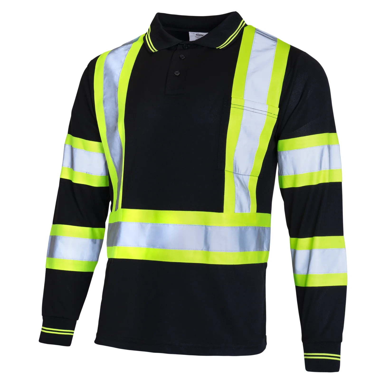 Polo de manga larga de seguridad reflectante Hi Vis en negro y amarillo, conforme a ANSI