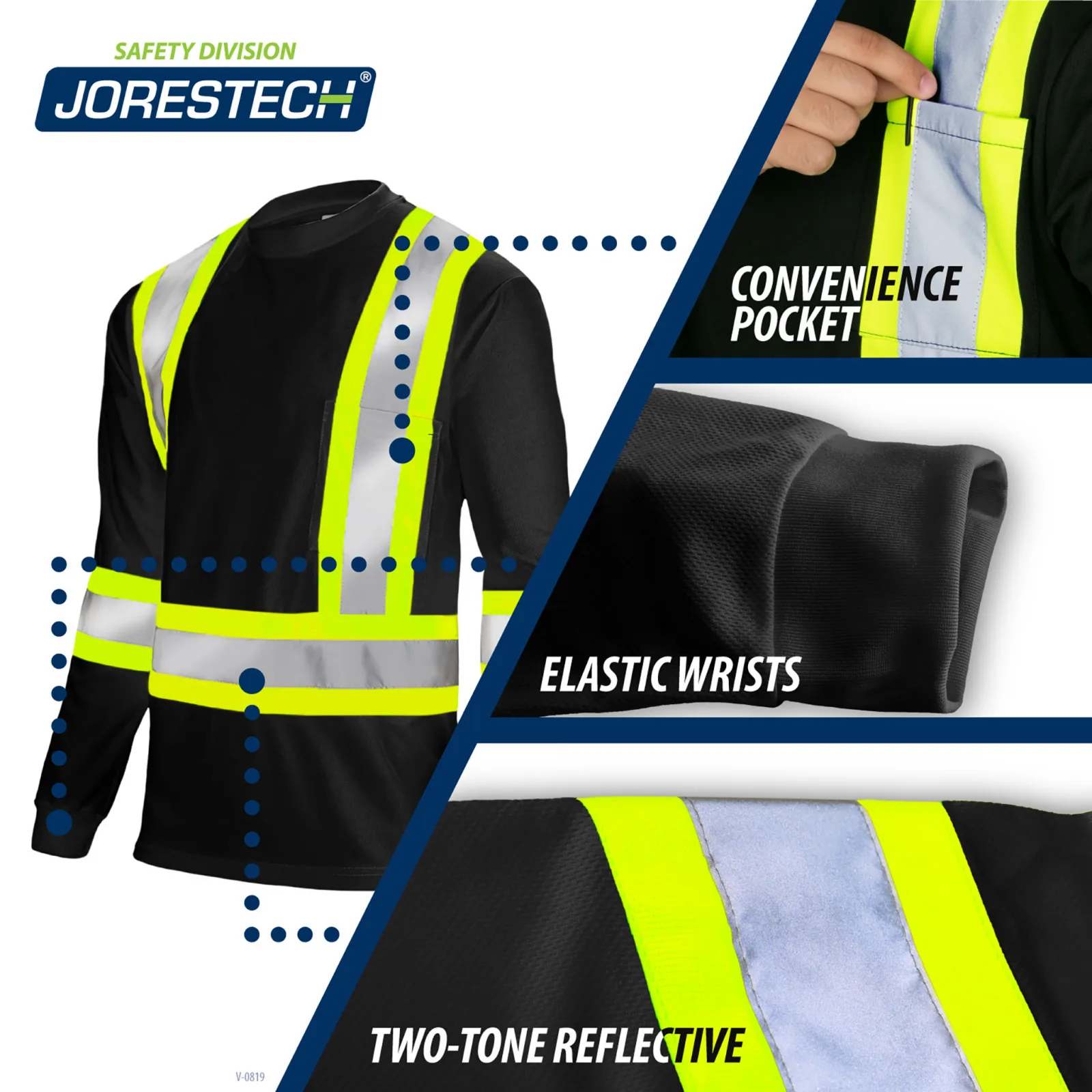 La camiseta de seguridad JORESTECH HI-Vis se muestra junto con primeros planos del bolsillo, el puño de la manga y las bandas reflectantes de dos tonos que dicen: bolsillo práctico en el pecho, reflectante de dos tonos