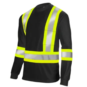 Camisa de seguridad de manga larga bicolor negro y amarillo, reflectante de alta visibilidad, con bolsillo y X en la espalda