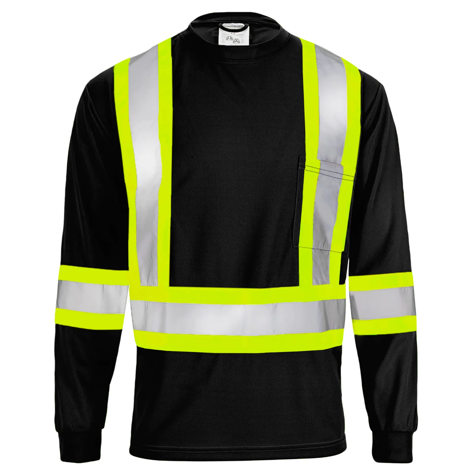 Frontal de una camiseta de manga larga de seguridad de alta visibilidad reflectante de dos tonos en negro y amarillo con bolsillo