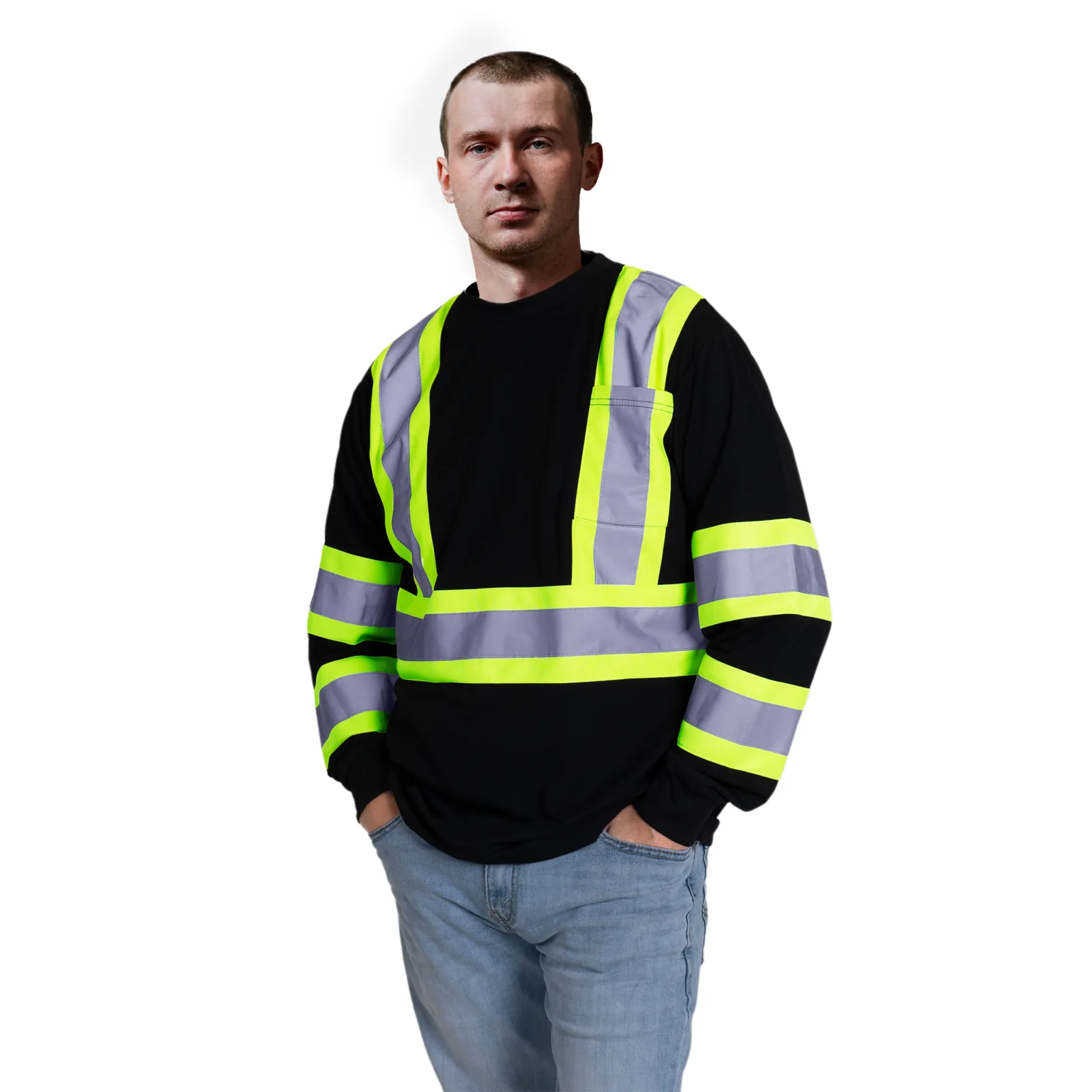 Un hombre que lleva la camisa de seguridad de manga larga JORESTECH de alta visibilidad, negra y amarilla, clase 1 tipo O