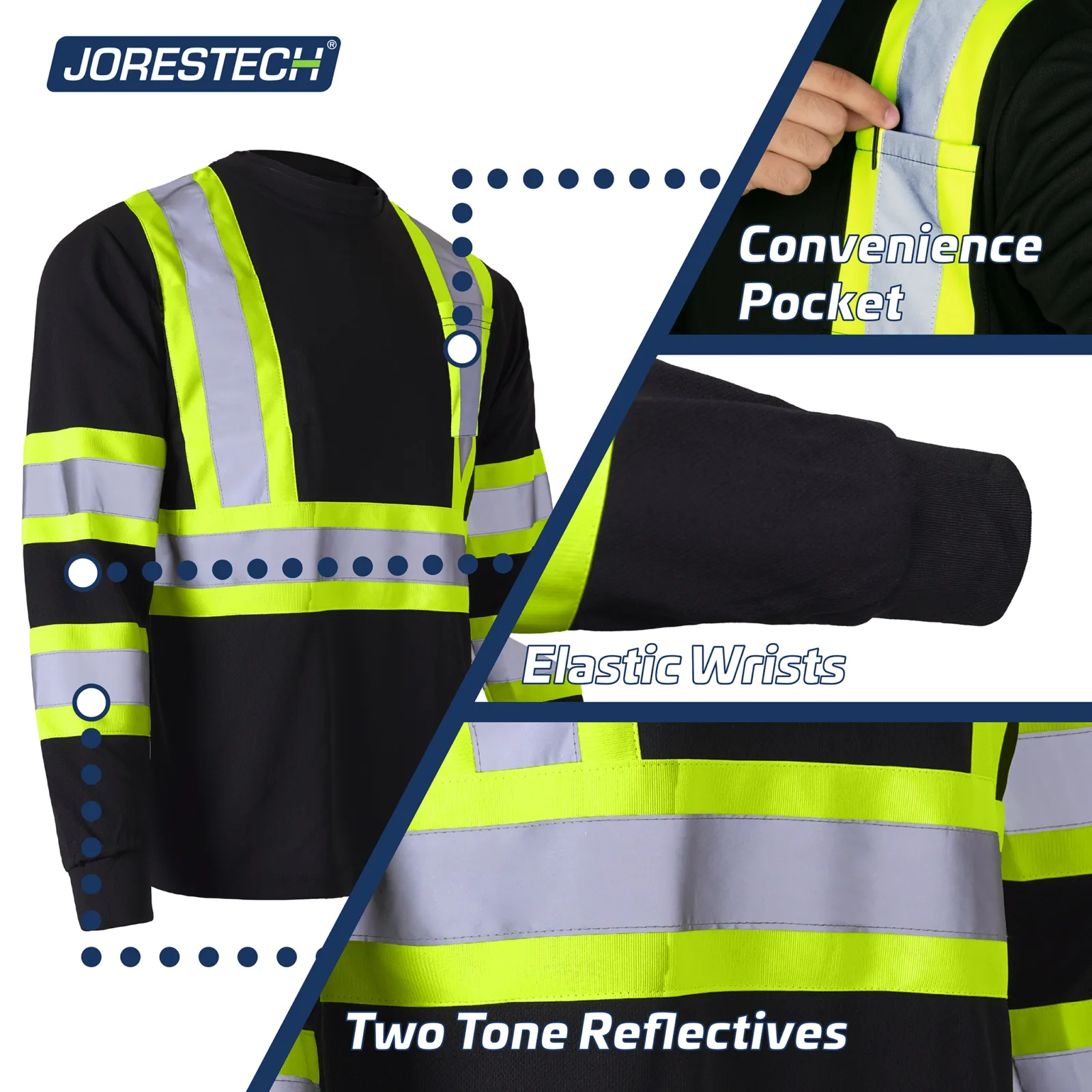 Una camiseta de seguridad de manga larga reflectante alta visibilidad en negro y lima, con primeros planos que muestran el bolsillo en el pecho, los puños elásticos y las tiras reflectantes bicolor