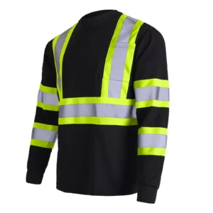Vista diagonal de la camiseta de seguridad de manga larga bicolor negro y amarillo con bolsillo y reflectante de alta visibilidad JORESTECH