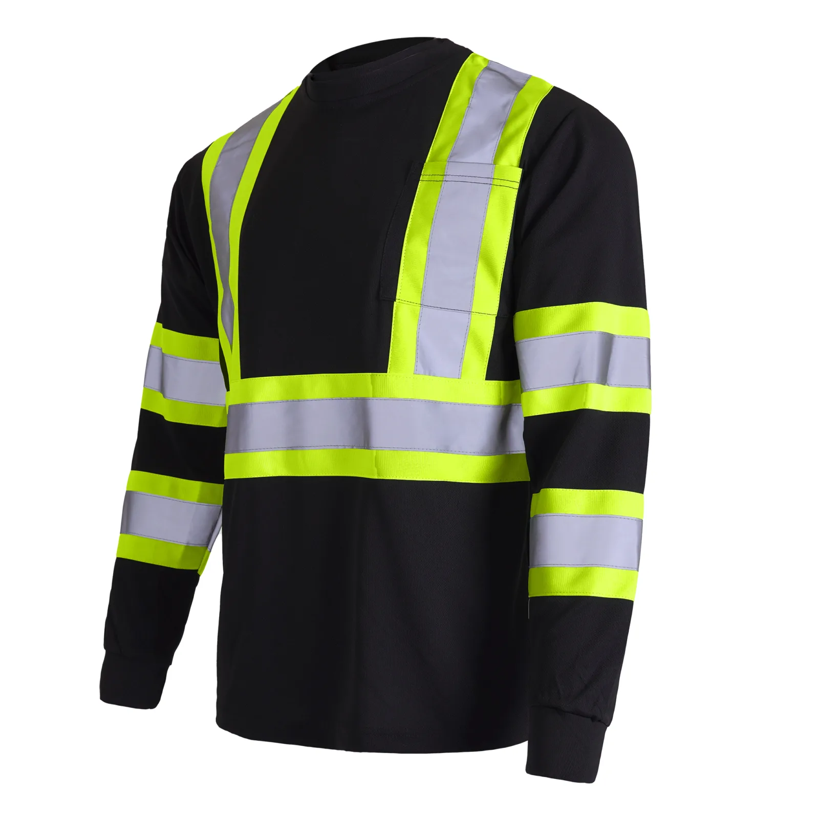 Vista diagonal de la camiseta de seguridad de manga larga bicolor negro y amarillo con bolsillo y reflectante de alta visibilidad JORESTECH