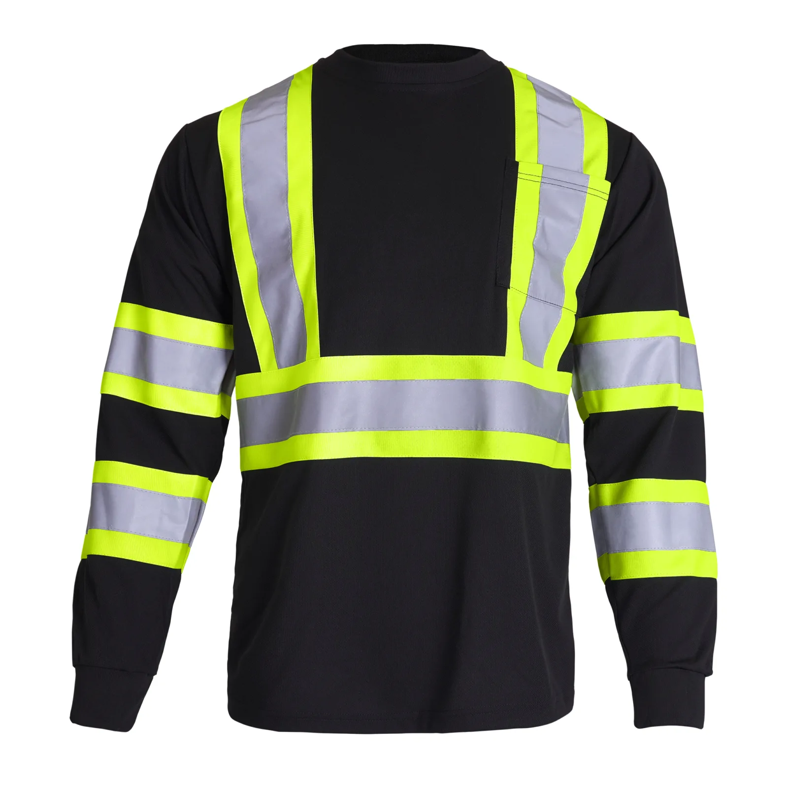 Parte trasera de la camiseta de seguridad JORESTECH de manga larga, reflectante, bicolor, negra y amarilla, de alta visibilidad, conforme a ANSI