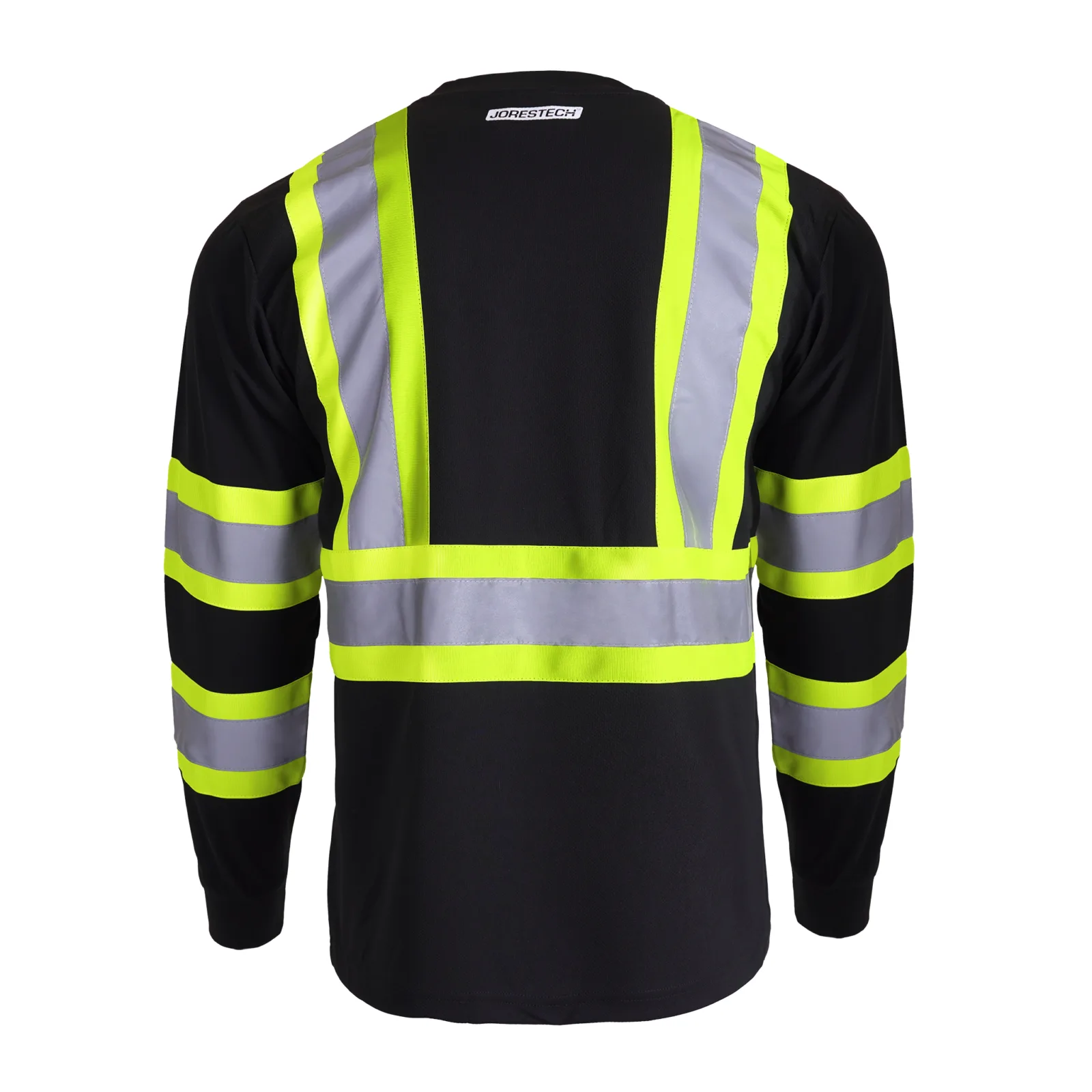Parte trasera de la camiseta de seguridad de manga larga bicolor negra y amarilla con bolsillo JORESTECH de alta visibilidad y reflectante