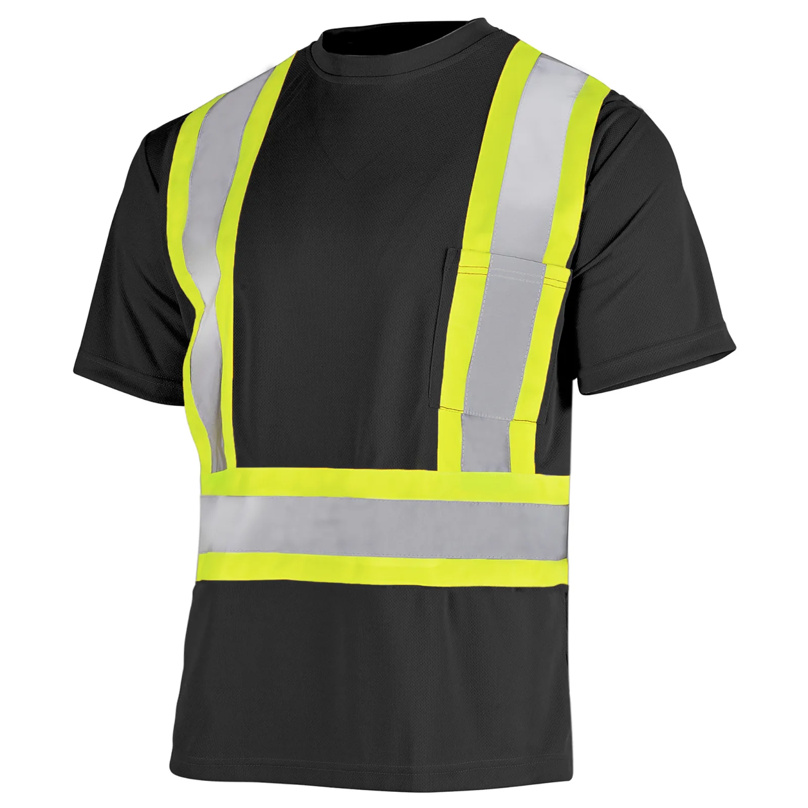 Vista diagonal de la camiseta de seguridad de manga corta JORESTECH de dos tonos, negra y amarilla, con bolsillo, reflectante y de alta visibilidad, cumple con ANSI y CSA. Camiseta de seguridad vista cenital.