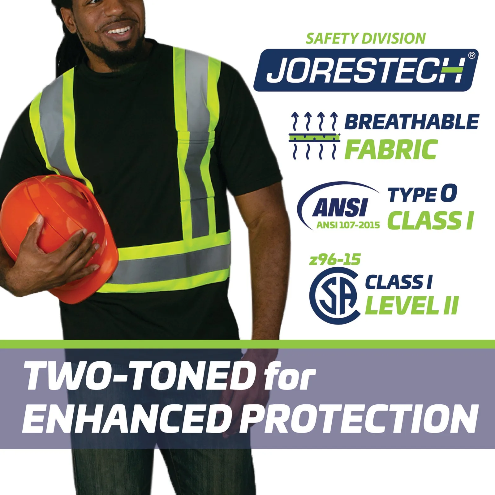 Un hombre lleva una camisa de seguridad reflectante negra y amarilla. El icono con texto dice: tejido transpirable, ANSI Type O, Class I. CSA Class 1 Level 2. Bicolor para una protección mejorada.
