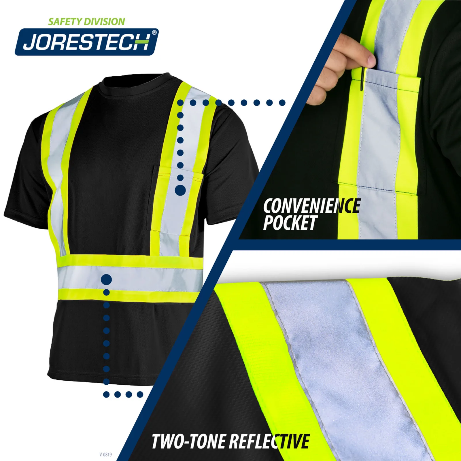 Se muestra la camiseta de seguridad más 2 llamados que dicen: bolsillo en el pecho para mayor comodidad, reflectante de dos tonos