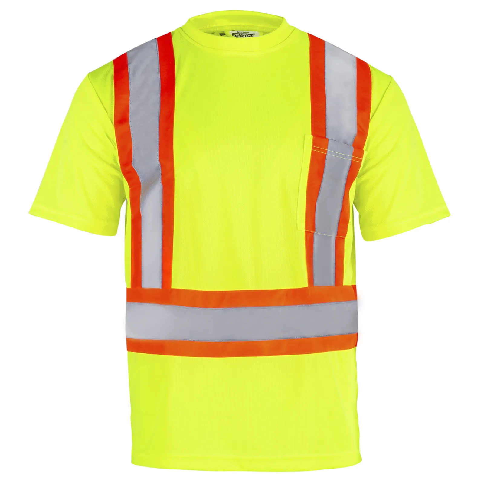 vista frontal de una camisa de seguridad con bolsillo, de alta visibilidad, reflectante, bicolor, amarilla y naranja