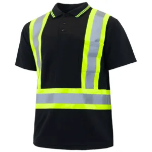 Polo de seguridad reflectante Hi Vis negro JORESTECH con tiras contrastantes color lima, cuello de polo y bolsillo en el pecho