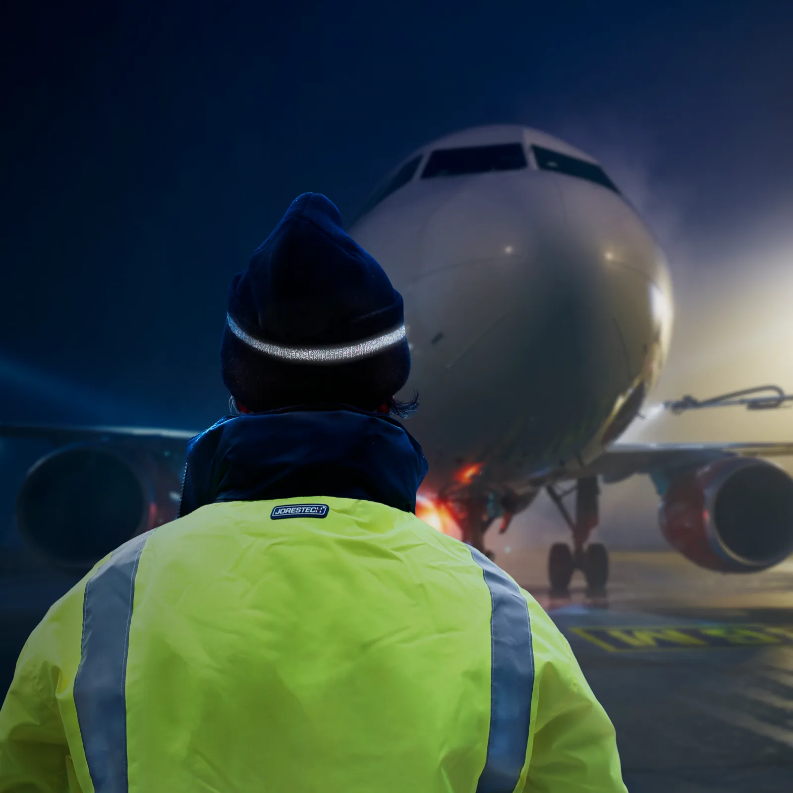 Hombre con un gorro negro con banda reflectante y una chaqueta reflectante verde lima Vi-vis mientras guía un avión por la pista de aterrizaje de noche