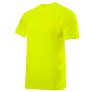 Vista diagonal de la camiseta de seguridad Hi-Vis de manga corta en amarillo lima con bolsillo en el pecho