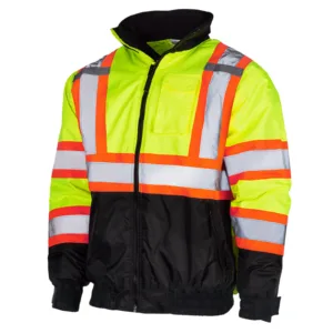 Vista diagonal de la chaqueta bomber de seguridad JORESTECH de alta visibilidad bicolor lima y negro con franjas reflectantes y parte inferior negra