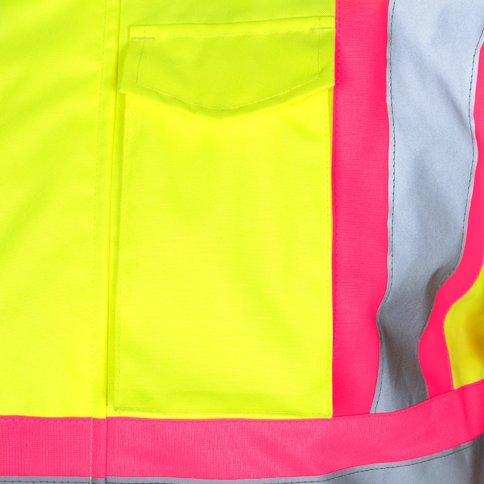 Chaqueta de seguridad de dos tonos de alta visibilidad con franjas reflectantes y contraste rosa con bolsillo en el pecho