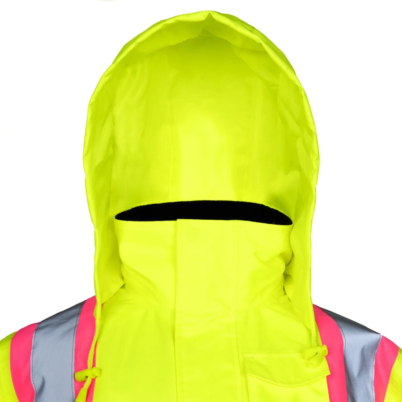 Chaqueta de seguridad de alta visibilidad bicolor con franjas reflectantes y contraste rosa con capucha