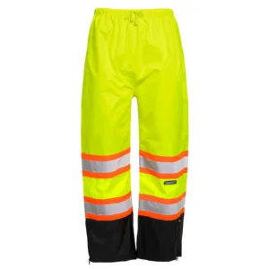 Pantalones de lluvia de seguridad bicolor amarillos de alta visibilidad con franjas reflectantes y contrastantes