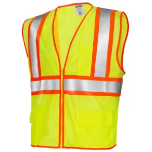 Chaleco de seguridad de malla amarillo bicolor de alta visibilidad con banda reflectante de 2 pulgadas y bolsillos de JORESTECH®