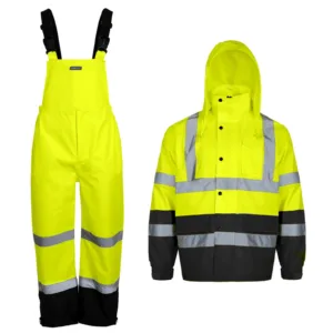 Conjunto impermeable de seguridad de alta visibilidad con pantalón peto y chaqueta con bandas reflectantes