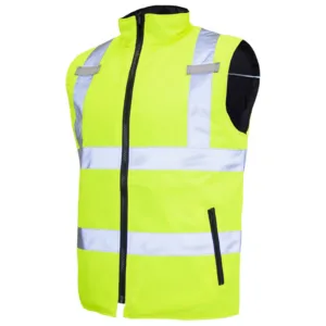 Frente del chaleco de seguridad aislado reflectante amarillo de alta visibilidad JORESTECH®. Muestra el lado amarillo brillante con las tiras reflectantes envolventes.