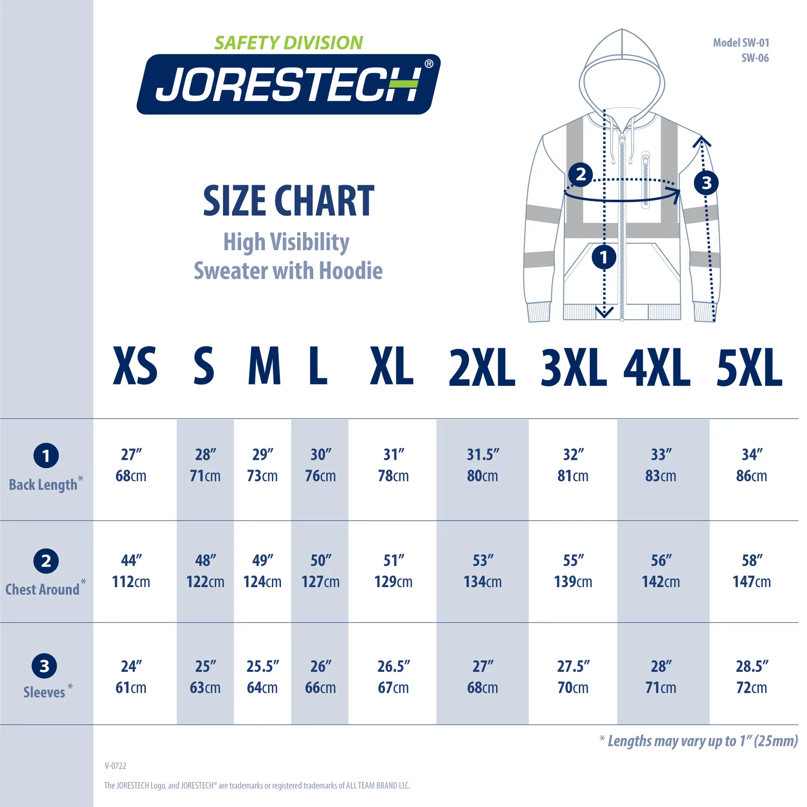 Tabla de tallas de las sudaderas de seguridad con capucha de alta visibilidad y franjas reflectantes