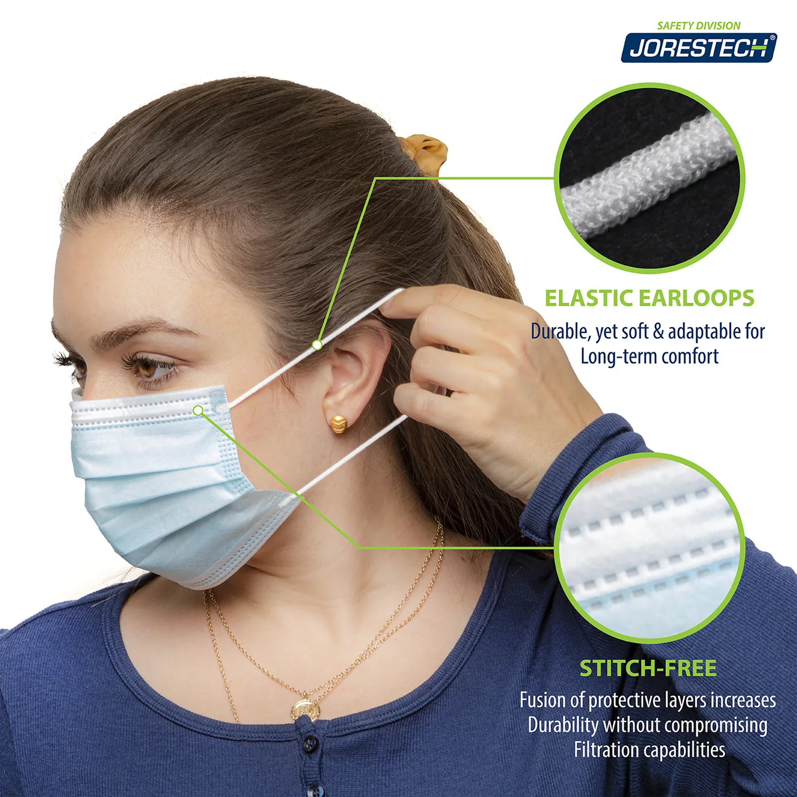 Mujer colocando el lazo para la oreja de la mascarilla detrás de su oreja. Los llamados indican: lazos elásticos para las orejas y sin costuras