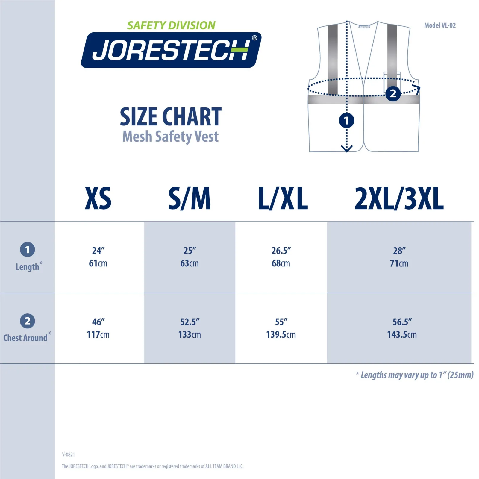 Tabla de tallas para el chaleco de seguridad personalizable JORESTECH