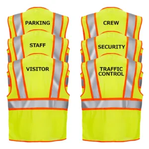 Imagen de 6 chalecos de seguridad JORESTECH en color lima y naranja sobre fondo blanco. Cada chaleco tiene una impresión diferente que dice: control de tráfico, seguridad, visitante, estacionamiento, personal y equipo.
