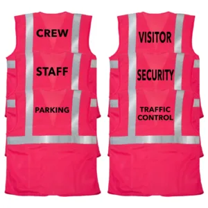 Características 6 chalecos de seguridad JORESTECH en color rosa con impresión. Los estampados en los chalecos personalizables dicen: traffic control, security, visitor, parking, staff y crew