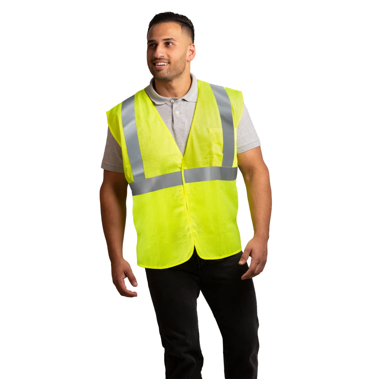 Hombre usando un chaleco de seguridad de malla de alta visibilidad JORESTECH color lima con bolsillo