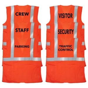 Características de 6 chalecos de seguridad naranjas impresos. Los textos impresos en los chalecos dicen: traffic control, security, visitor, parking, staff y crew.
