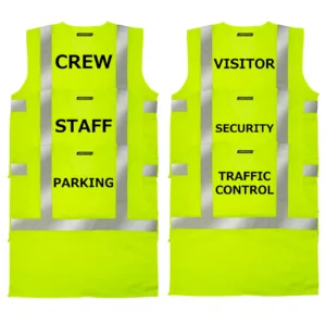 6 chalecos de seguridad JORESTECH amarillo lima impresos con texto y logotipo. Los impresos dicen: traffic control, security, visitor, parking, staff y crew
